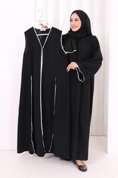 Dantel Şeritli Abaya Elbise Şal Üçlü Takım 6074 Siyah ürün görseli 1