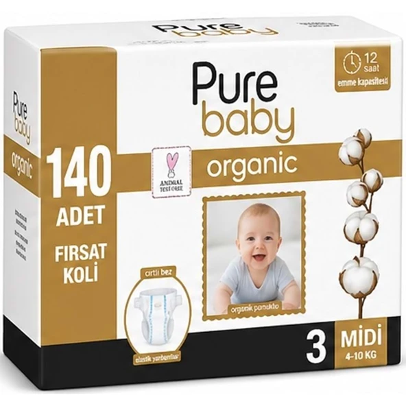 Pure Baby Organik Bebek Bezi 3 Beden 4-10 KG Midi 140 Adet Mega Fırsat Pk ürün görseli 1