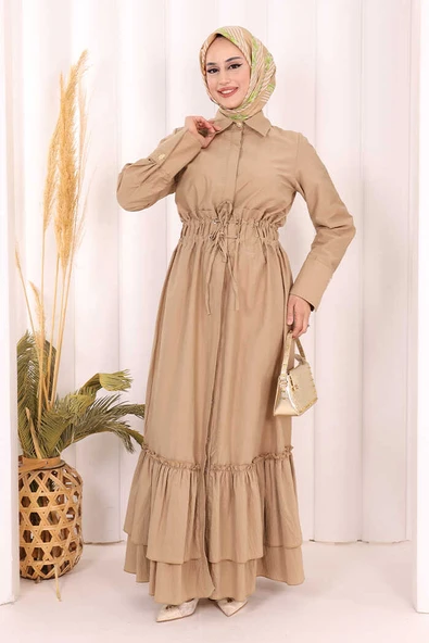 Belden Lastikli Boydan Düğmeli Elbise 6062 Camel ürün görseli 1