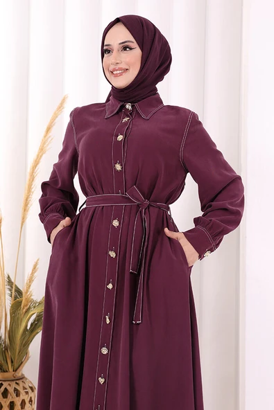 Gold Düğmeli Elbise 7065 Mürdüm - Resim 6