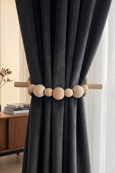 2'li Set - Dekoratif Ahşap Halkalı ve Boncuklu Bohem Perde Askılığı ürün görseli 1