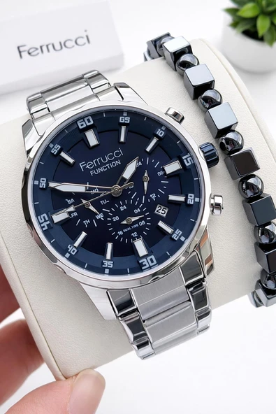 Ferrucci İç Fonksiyonları Aktif 30mt Suya Dayanıklı Çelik Kordon + Bileklik Hediyeli Erkek Kol Saati VS.BLKT.0956 ürün görseli 1