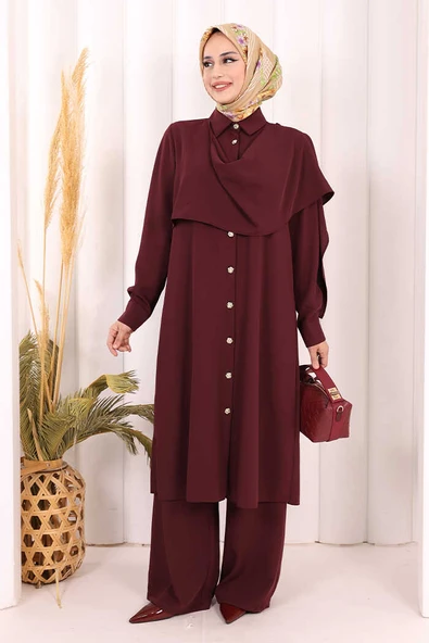 Önü Şal Detaylı Tunik Pantolon Takım 8018 Mürdüm ürün görseli 1