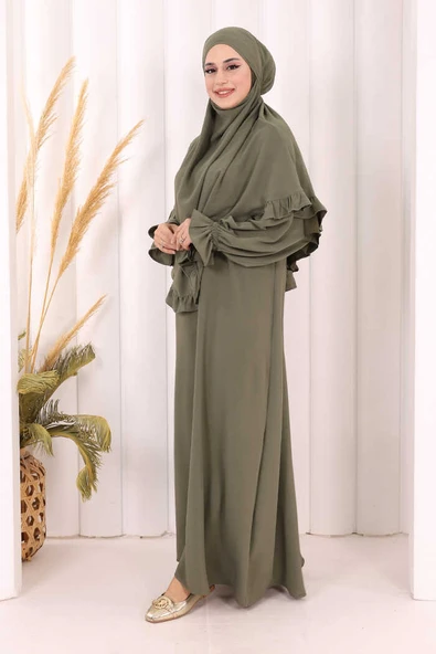 Sufleli Namaz Elbisesi 6034 Haki - Resim 3