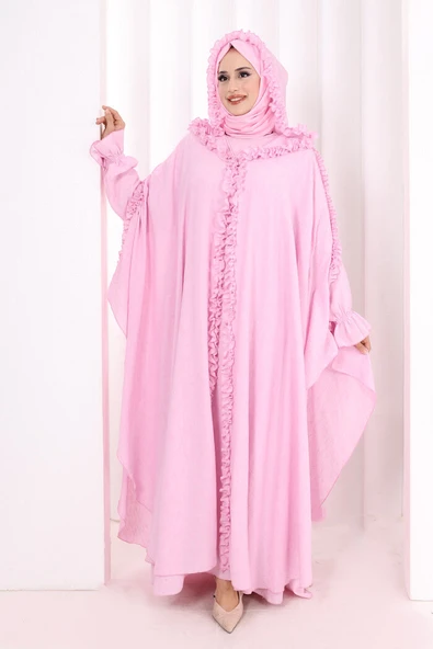 Keten Pelerinli Elbise Abaya Takım 8021 Pembe ürün görseli 1