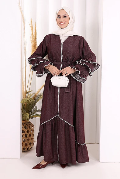 Fırfır Detaylı Abaya 6078 Bordo - Resim 2