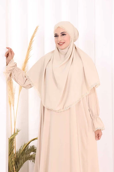 Dantel Detay Sufleli Elbise 6061 Taş - Resim 5