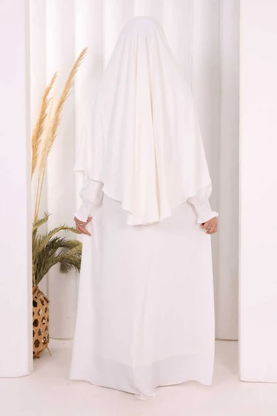 Peçeli Cilbab Model Elbise 6063 Ekru - Resim 3