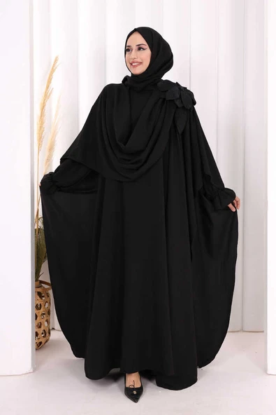 Pamuk Çiçek Detaylı Elbise Abaya ŞAL HEDİYE  8009 Siyah ürün görseli 1