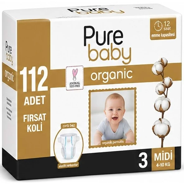 Pure Baby Organik Bebek Bezi 3 Beden 4-10 KG Midi 112 Adet Avantaj Fırsat Pk ürün görseli 1