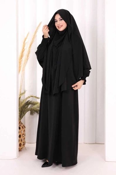 Peçeli Cilbab Model Elbise 6063 Siyah - Resim 7