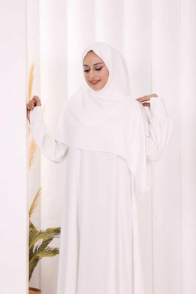 Eşarplı Elbise 6059 Ekru - Resim 5