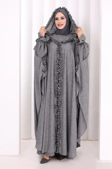 Keten Pelerinli Elbise Abaya Takım 8021 Antrasit ürün görseli 1