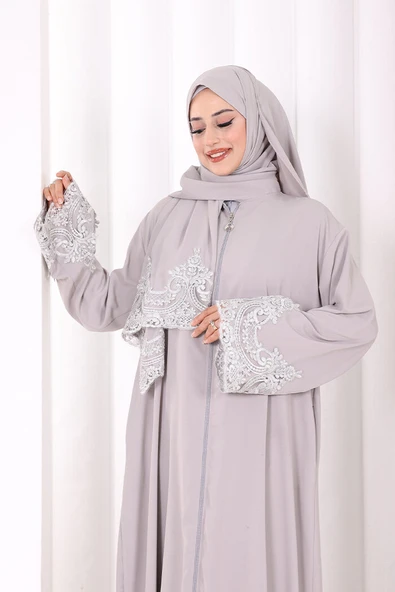 Dantelli Namaz Feracesi 6093 Gri - Resim 4