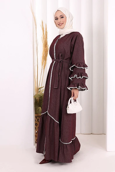 Fırfır Detaylı Abaya 6078 Bordo - Resim 3