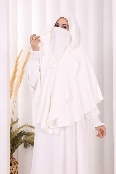 Peçeli Cilbab Model Elbise 6063 Ekru - Resim 4