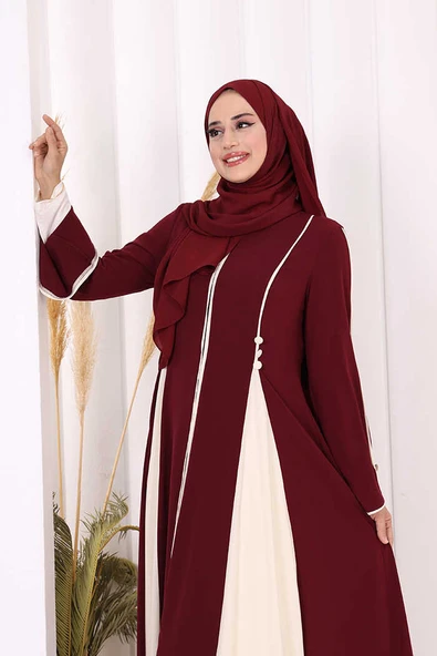Dubai Biyeli Fermuarlı Ferace 7050 Mürdüm - Resim 6