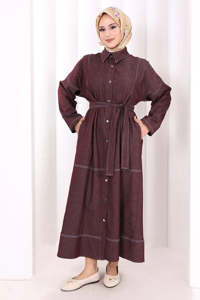 Düğmeli Denim Elbise 7070 Bordo ürün görseli 1