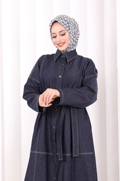 Düğmeli Denim Elbise 7070 Lacivert - Resim 6