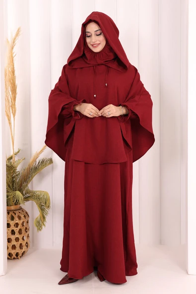 Keten Sufleli Elbise Takım 6067 Bordo ürün görseli 1
