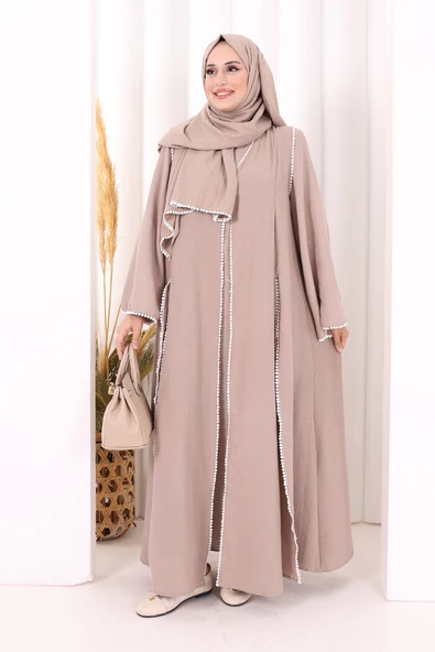 Dantel Şeritli Abaya Elbise Şal Üçlü Takım 6074 Vizon ürün görseli 1