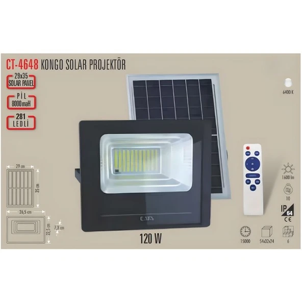 Cata CT-4648 100w Solar Led Sokak Projektör (Beyaz Işık) ürün görseli 1