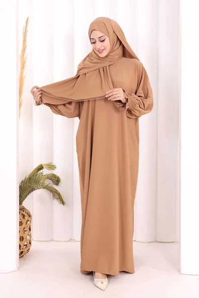 Kendinden Şallı Namaz  Elbisesi 8007 Taba - Resim 2