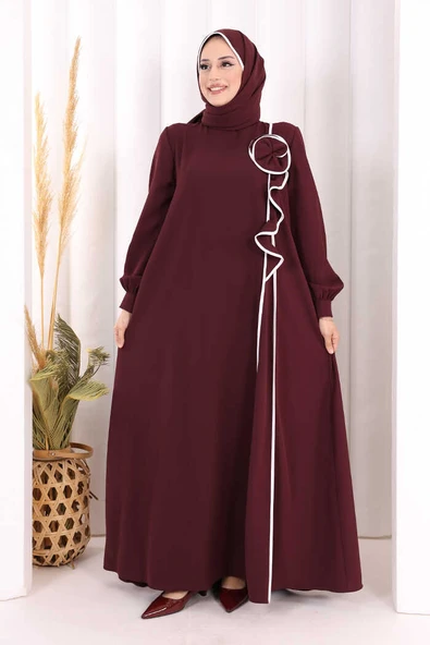 Gül ve Şerit Detaylı Elbise Şal Hediyeli 6065 Mürdüm ürün görseli 1