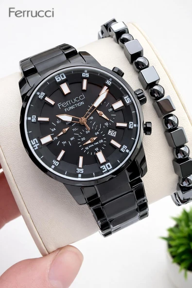 Ferrucci İç Fonksiyonları Aktif 30mt Suya Dayanıklı Çelik Kordon + Bileklik Hediyeli Erkek Kol Saati VS.BLKT.0957 ürün görseli 1