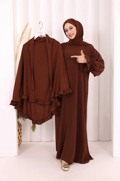 Sufleli Namaz Elbisesi 6034 Kahverengi ürün görseli 1