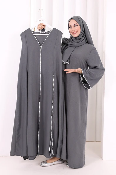 Dantel Şeritli Abaya Elbise Şal Üçlü Takım 6074 Antrasit ürün görseli 1