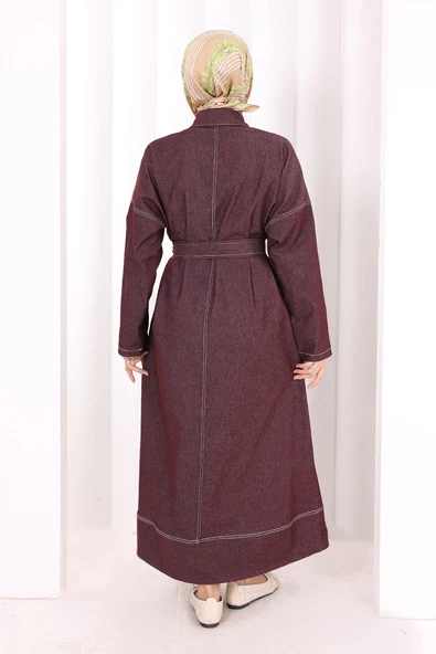 Düğmeli Denim Elbise 7070 Bordo - Resim 3