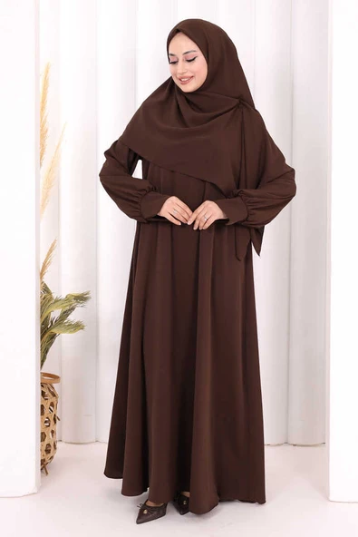 Eşarplı Elbise 6059 Kahverengi - Resim 3