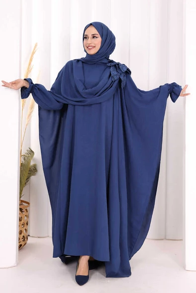 Pamuk Çiçek Detaylı Elbise Abaya ŞAL HEDİYE  8009 Lacivert ürün görseli 1