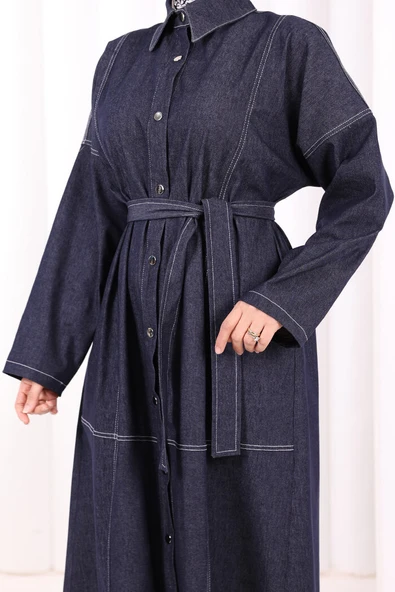 Düğmeli Denim Elbise 7070 Lacivert - Resim 7