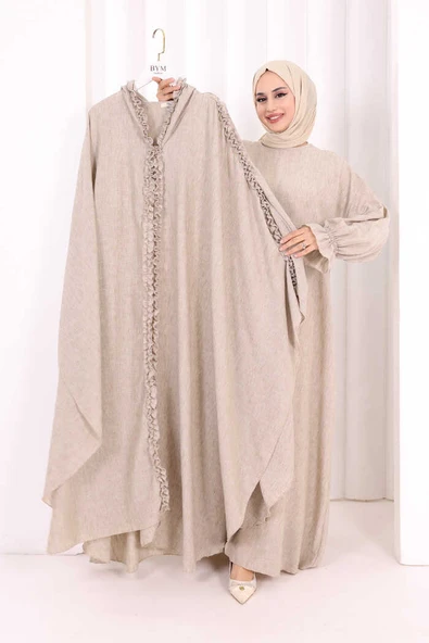 Keten Pelerinli Elbise Abaya Takım 8021 Vizon ürün görseli 1