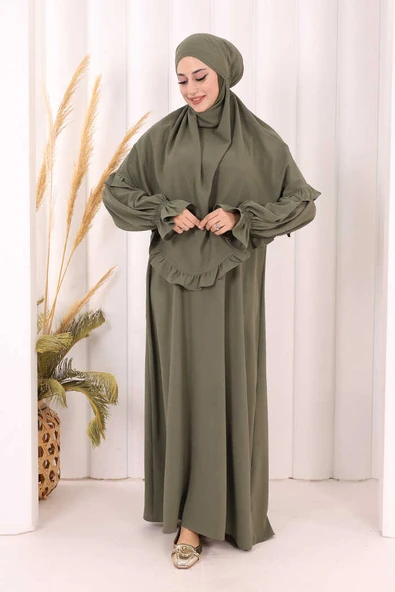 Sufleli Namaz Elbisesi 6034 Haki - Resim 4