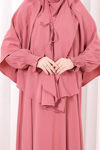 Peçeli Cilbab Model Elbise 6063 Gül Kurusu - Resim 6