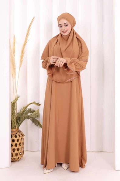 Dantel Detay Sufleli Elbise 6061 Taba - Resim 3