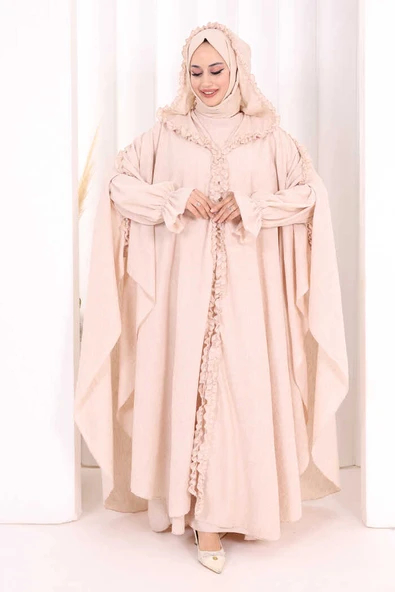 Keten Pelerinli Elbise Abaya Takım 8021 Taş ürün görseli 1