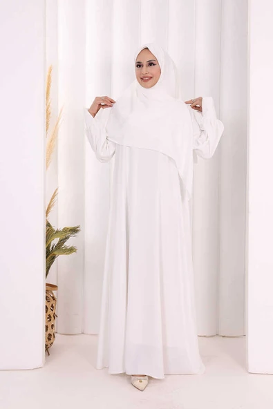 Eşarplı Elbise 6059 Ekru - Resim 2