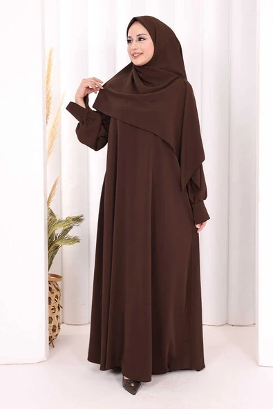Eşarplı Elbise 6059 Kahverengi - Resim 2