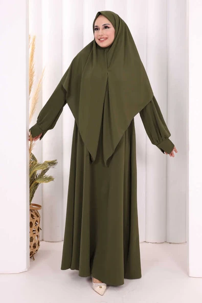 Eşarplı Elbise 6059 Haki - Resim 4