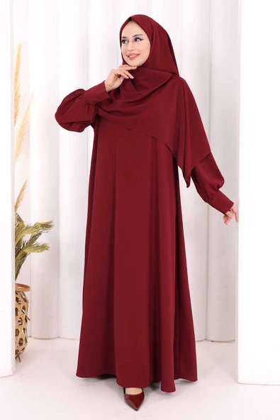 Eşarplı Elbise 6059 Mürdüm - Resim 2