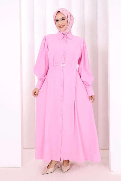 Kemerli Kloş Elbise 7073 Pembe - Resim 2