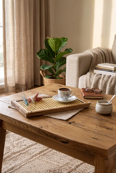 Ahşap Fabrikası Golden Edge Ahşap Hazeran Rattan Tepsi ürün görseli 1