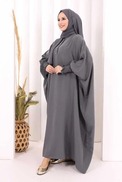 Yarasakollu Elbise 6077 Antrasit - Resim 3