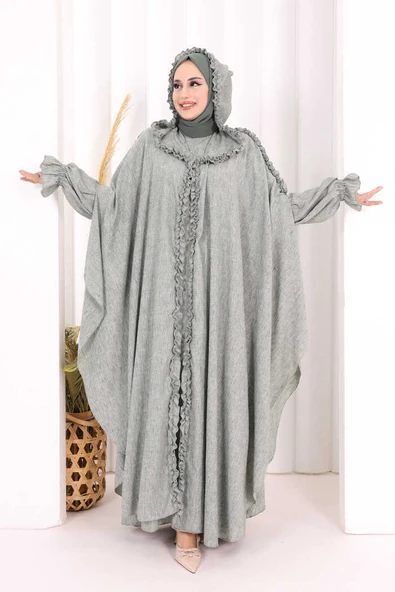 Keten Pelerinli Elbise Abaya Takım 8021 Mint ürün görseli 1
