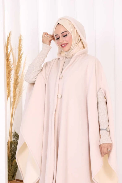 Foks Kumaş Kapşonlu Panço 70130 Taş - Resim 5