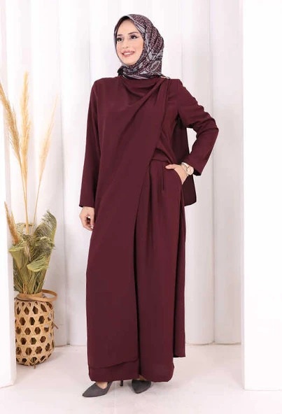 Tek Omuz Gold Toka Detaylı Tunik Pantolon Takım 8698 Mürdüm ürün görseli 1
